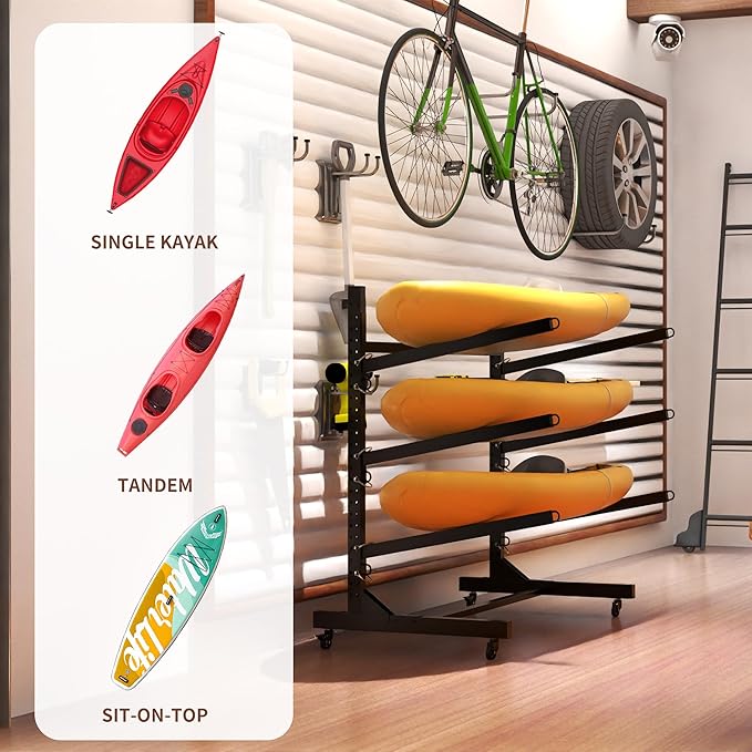 Kayak Storage Rack, Heavy Duty Kayak Stand Canoe Rack with Wheels, Freestanding Kayak Holder Stand for Kayaks, Canoes, Surfboard, Paddleboard Storage-StrideForce Fitness