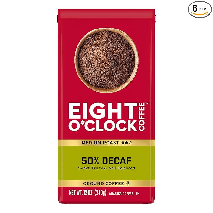 Eight O'Clock Coffee 50% Decaf Ground Coffee, Medium Roast, 12 Ounce (Pack of 6) - Half-Caf Coffee, Kosher Certified-StrideForce Fitness