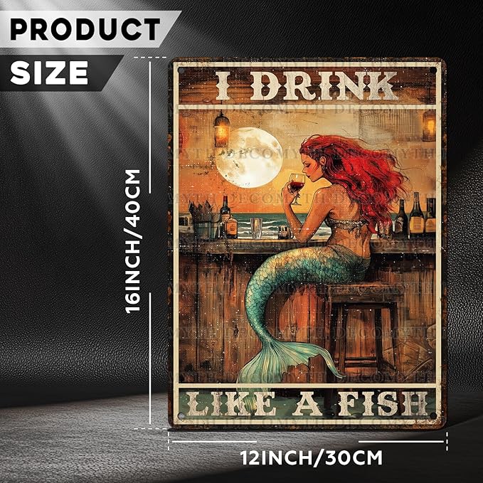Vintage Mermaid Tin Sign I Drink Like A Fish Retro Wall Decor Decorations for Home Funny Wine Lover Nostalgic Metal Poster Indoor Store Cafe Toilet Kitchen Garden Bar Pubs Man cave 12 * 16inch-StrideForce Fitness