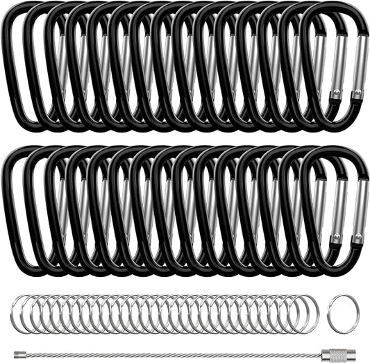 30PCS Aluminum Carabiner Clips, 2" D Shape Spring Snap Hooks Carabiner with 30PCS Keyring Keychain Hook-StrideForce Fitness