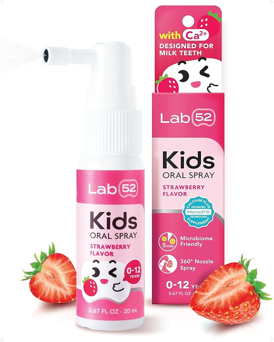 LAB52 Kids Oral Spray, Toddler Toothpaste Helper for Daily Oral Care and Fresh Breath, Children Approved with Fluoride Free for Newborn to Preschoolers, Xylitol Strawberry Flavor