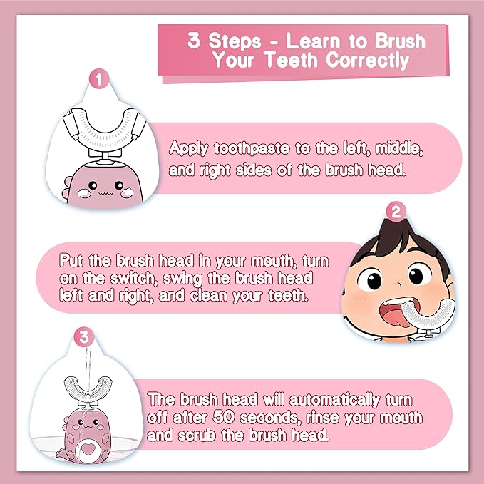 Kids Electric U Shaped Toothbrush, Sonic Automatic Toothbrush Kids with 4 Brush Heads, 3 Cleaning Modes, Cartoon Dinosaur IPX7 Waterproof 360º Round Toddler Electric Toothbrush(Pink, Ages 2-12)