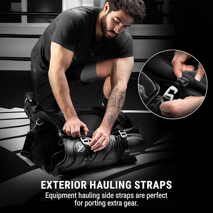 Hayabusa Airstream Athletic Duffle Gym Bag for Women and Men - Black, 50l duffle bag - 7 zippered Pockets, Good for travel, Boxing, MMA, BJJ, kickboxing, Muay Thai, wrestling, Glove/Shoe Compartment-StrideForce Fitness