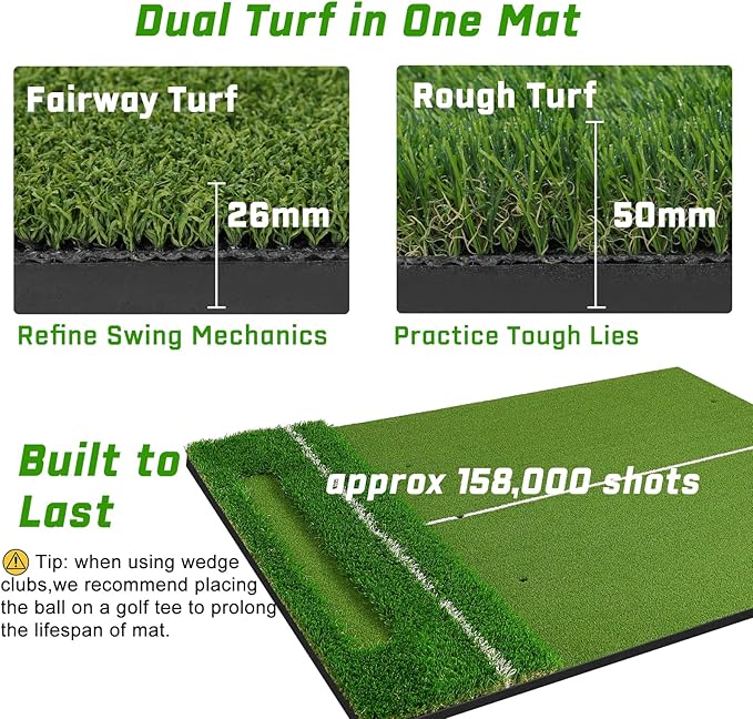 Dual-Turf 45/50MM Golf Hitting Mat, Built-in Ball Tray, Alignment Aid, Golf Mat Practice Outdoor & Indoor, Driving Chipping Putting in Backyard Garage Basement, Gift for Men Dad Golfer-StrideForce Fitness