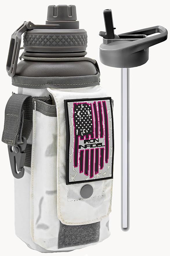 Iron Infidel Battle Bottle - 32 Oz Insulated Water Bottle with Straw Lid & Chug Cap, Stainless Steel Metal Flask Includes Rugged, Removable Sleeve for Keys, Wallet, & Phone (Arctic Camo 1 Liter)-StrideForce Fitness
