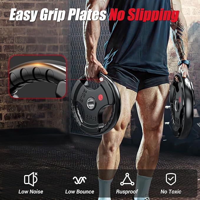 GIKPAL 2-inch Rubber Olympic Grip Weight Plates for Strength Training, Weightlifting in Home & Gym, Barbell Weights Plates Set (2.5/5/10/25/35/45 LB)-StrideForce Fitness