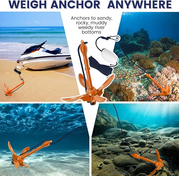 Dreizack Kayak Anchor Kit, 3.5 lb Folding Grapnel Boat Anchor Trolley Accessories with 40ft Rope and PVC Buoy for Fishing Kayaks SUP Paddle Boards Canoes Jet Ski PWC Inflatable Small Boats-StrideForce Fitness