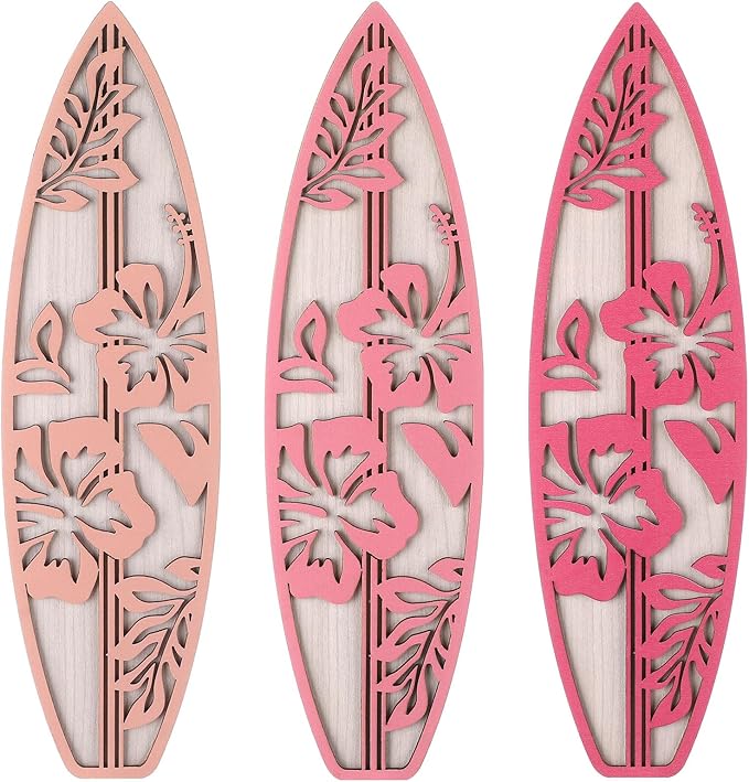 3 Pieces Hibiscus Surfboard Decor for Bedroom Wooden Beach Wall Decor Summer Wood Surfboard Wall Hanging Sign for Tropical Living Room Decoration(Pink)-StrideForce Fitness