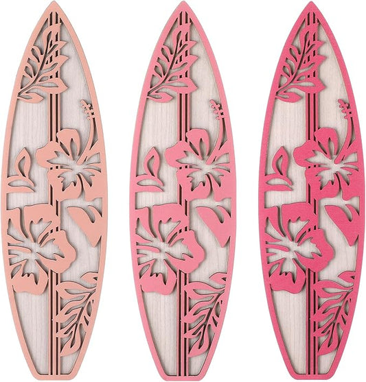 3 Pieces Hibiscus Surfboard Decor for Bedroom Wooden Beach Wall Decor Summer Wood Surfboard Wall Hanging Sign for Tropical Living Room Decoration(Pink)-StrideForce Fitness