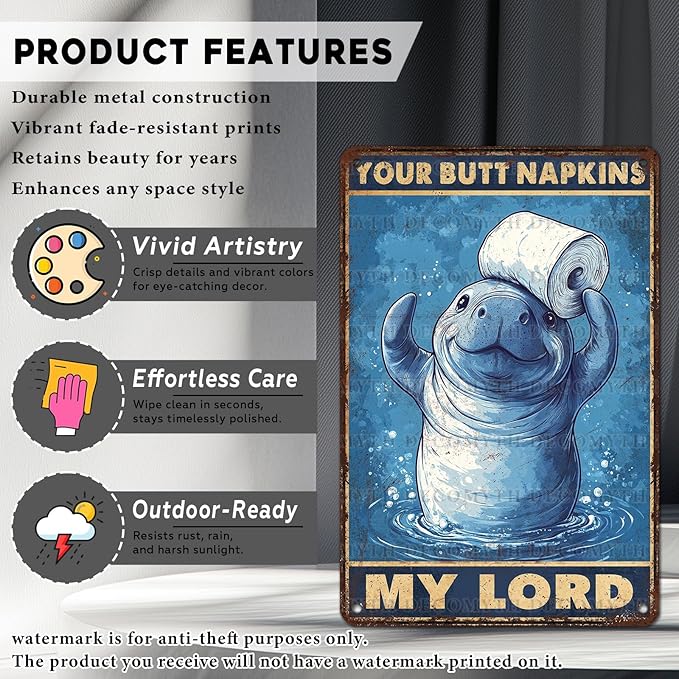 Vintage Manatee Tin Sign Your Butt Napkins My Lord Retro Bathroom Metal Poster Funny sea Cow Wall Art Toilet Man Cave Bar Cafe Indoor Room Garage Store Office 12 * 8inch-StrideForce Fitness
