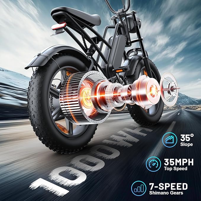 E500 Electric Bike for Adults 1000W Peak Motor, 20" Fat Tire Dirt E-Bike with 35MPH, 40 Miles PAS Range, Electric Bicycles with 48V Removable Battery, 7-Speed E Bike for Mountain Beach Sand Road Snow-StrideForce Fitness