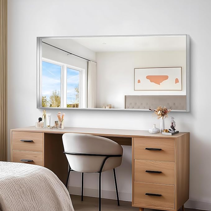 Silver Bathroom Mirror, 30x60 Inch Rectangular Deep Frame Mirror, Large Wall Mounted Bathroom Vanity Mirror Over Sink for Bedroom,Restroom, Living Room, Hangs Vertically or Horizontally-StrideForce Fitness