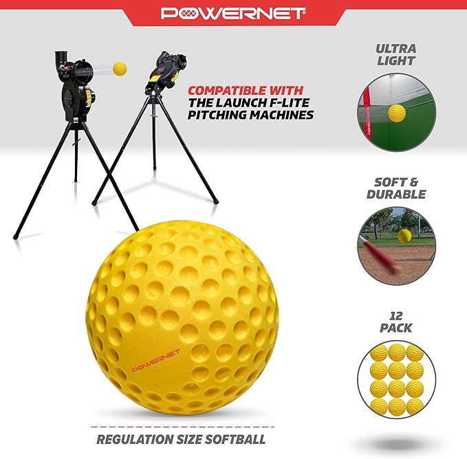 PowerNet Launch F-lite Softball & Baseball Pitching Machine, Dimpled Practice Balls, Bucket of Baseballs, Coaching Bucket Bundle for Pitching Machine, Baseball Training Equipment-StrideForce Fitness