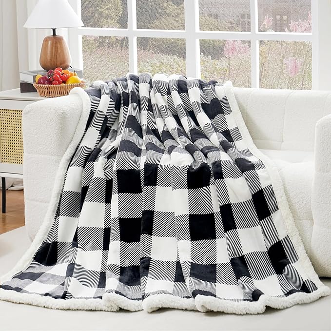 PU MEI Sherpa Fleece Throw Blanket 60" x 80" Reversible Plush Fluffy Large Big Blanket Lattice Flannel Blankets for All Season Use, Black and White-StrideForce Fitness
