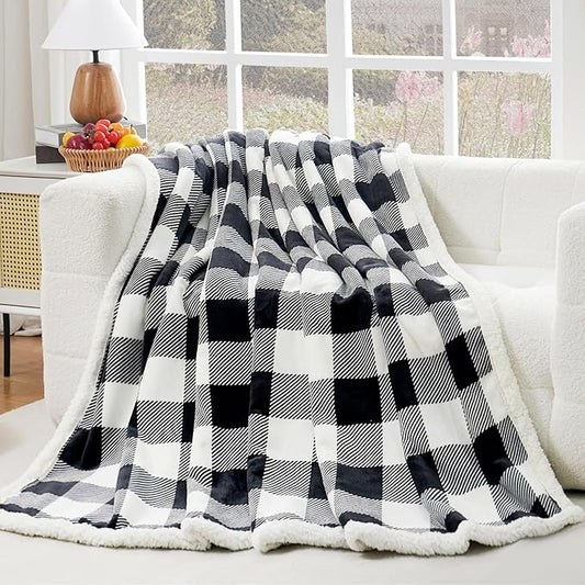 PU MEI Sherpa Fleece Throw Blanket 60" x 80" Reversible Plush Fluffy Large Big Blanket Lattice Flannel Blankets for All Season Use, Black and White-StrideForce Fitness