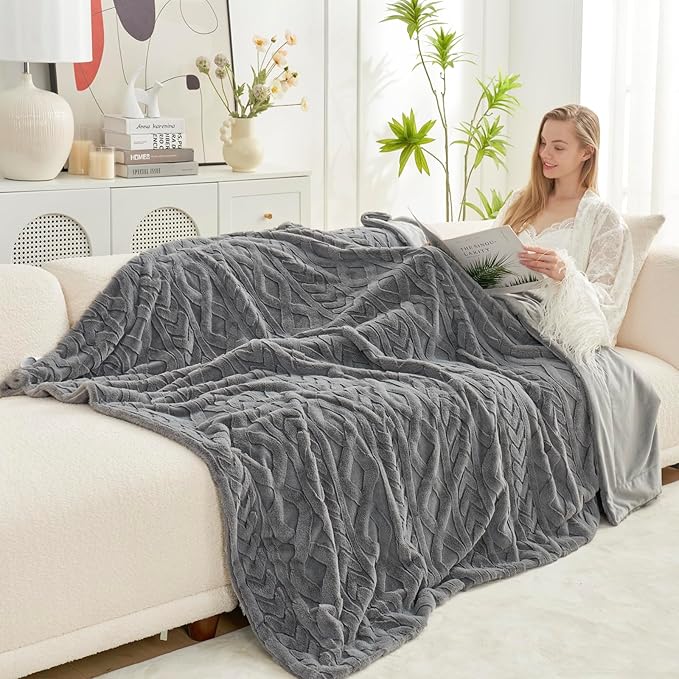 Cozy Bliss Faux Fur Throw Blanket for Couch, Jacquard Fuzzy Plush Soft Thick Winter Throw Blanket for Sofa Bed Living Room Bedroom，60"x80" Grey-StrideForce Fitness