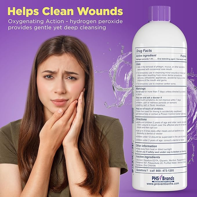 Prevention Mouth Sore Mouth Rinse, Canker Sore Treatment, Oral Pain Relief Mouthwash for Ulcers and Sores, Braces, with Hydrogen Peroxide, Alcohol-Free, Fluoride Free, 16 oz, Soothing Mint, 4 Pack