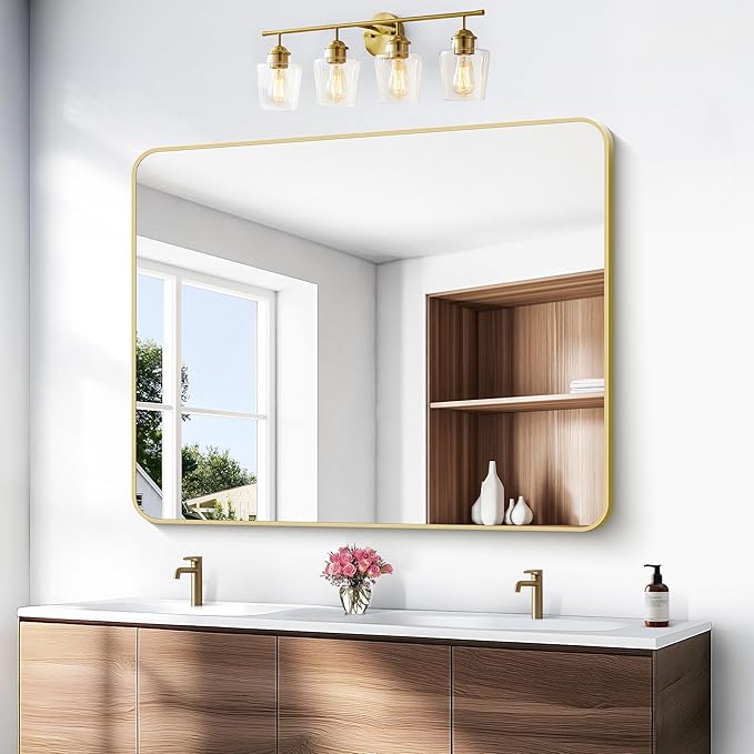 Gold Bathroom Mirror,40x48 inch Wall Mirror for Bathroom Wall Mounted,Round Rectangle Mirror for Bathroom Over Sink,Modern Frame for Home Decor Living Room,Bedroom Entryway,Horizontal/Vertical-StrideForce Fitness