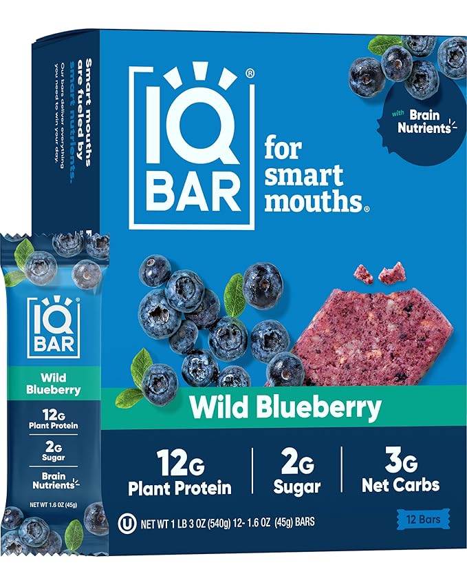 IQBAR Brain and Body Plant Protein Bars - Wild Blueberry - 12-Count Low Carb - Gluten Free, High Fiber, Vegan Snacks - Low Sugar Meal Replacement-StrideForce Fitness