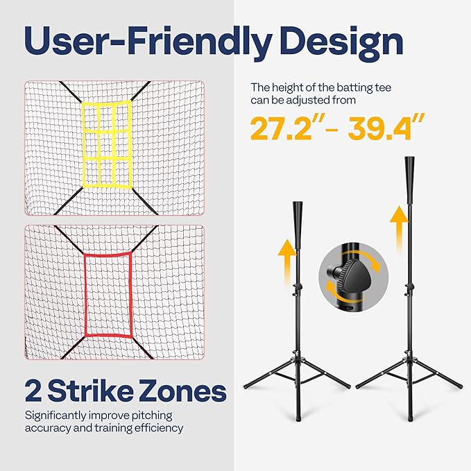 VIVOHOME Baseball Softball Hitting Net with Large Ball Collection System, 7 x 7 ft Baseball Batting Pitching Net with Tee, 2 Strike Zone, Carry Bag-StrideForce Fitness