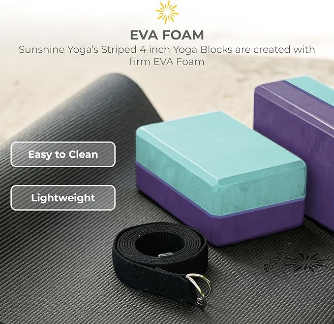 Sunshine Yoga 4" Striped Yoga Block, 6 Pack Bulk EVA Foam Yoga Blocks, Firm and Supportive Yoga Brick, Balance Foam for Stretching, Pilates, and Workout, 4" x 6" x 9"-StrideForce Fitness