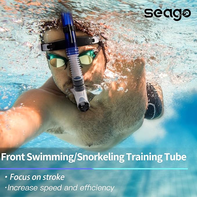 Seago Swim Snorkel for Lap Swimming, Dry Top Front Swimmer Snorkel for Adult Youth, Snorkel Gear Swimming Training Equipment in Pool and Open Water with Comfy Head Pads Food-Grade Silicone Mouthpiece-StrideForce Fitness