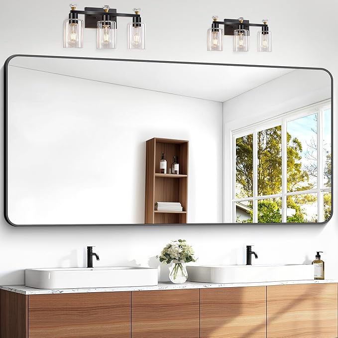 72x36 inch Large Bathroom Mirror,Black Rectangle Mirror,Wall Mounted Bathroom Frame Vanity Mirror with Round Corner for Bedroom Living Room,Entryway Hangs Horizontal or Vertical-StrideForce Fitness