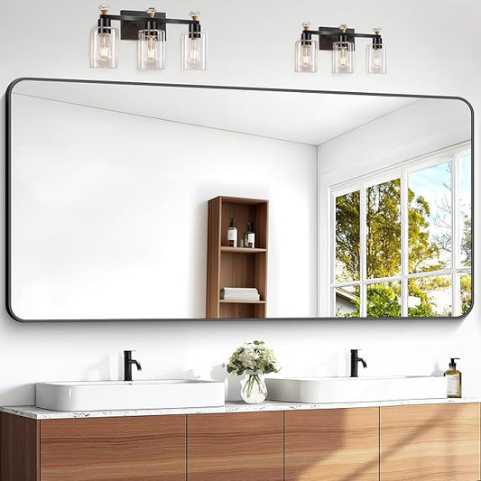 72x36 inch Large Bathroom Mirror,Black Rectangle Mirror,Wall Mounted Bathroom Frame Vanity Mirror with Round Corner for Bedroom Living Room,Entryway Hangs Horizontal or Vertical-StrideForce Fitness