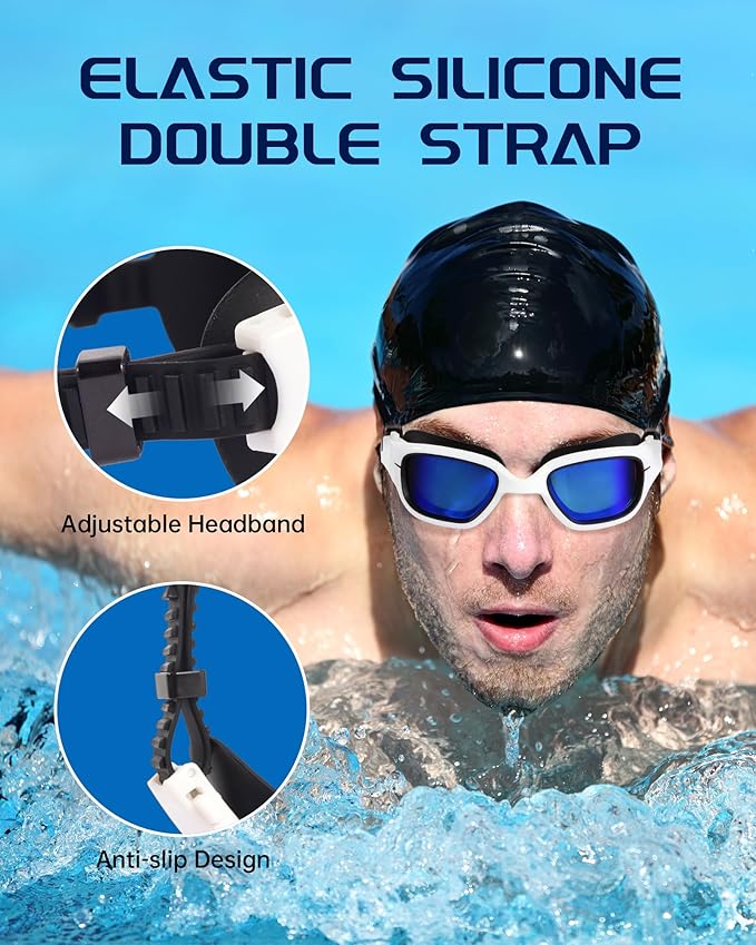 Swim Goggles, Goggles Adult with Swimming Cap, Nose Clip & Ear Plugs, UV Protection Anti-Fog Lens and Case for Adult-StrideForce Fitness