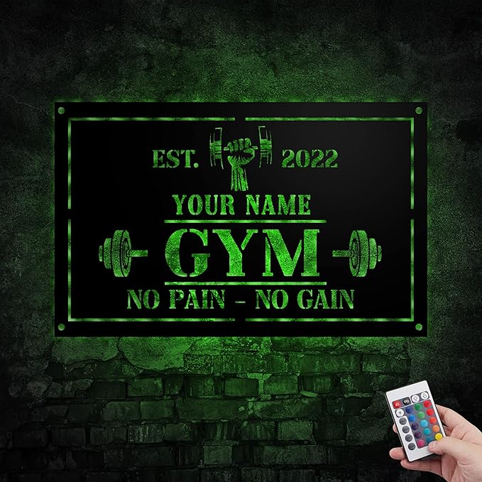 Personalized Home Gym LED Tin Metal Sign Multiple Sizes, Gym Sign Wall Decor, Exercise Workout Room Decor Fitness Center, Motivational Inspirational Hanging Wall Art Wall Plaque (01 w/lights)-StrideForce Fitness