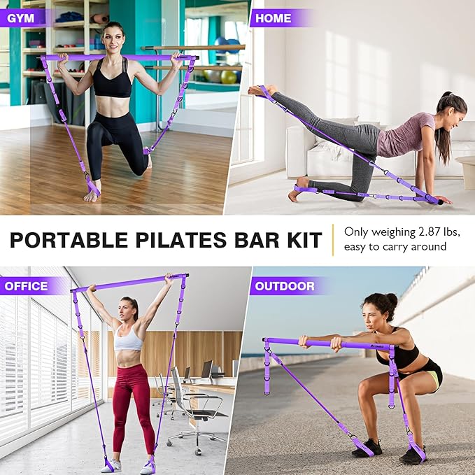 Pilates Bar Kit With Resistance Bands, Workout Equipment for Legs, Hip, Waist, Arm, Squats Exercise Equipment for Home Workouts, Adjustable 3-Section Bar Kit for Women & Men