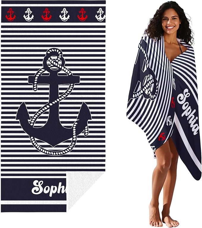 JML Personalized Beach Towel with Name, Custom Anchor Beach Towel, Customized Microfiber Pool Towel, Quick Dry & Absorbent Swim Towel for Adult,Anniversary, Birthday, Summer Holiday,Vacation-StrideForce Fitness