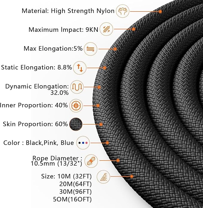 X XBEN Outdoor Climbing Rope 10M(32ft) 20M(64ft) 30M(96ft) 50M(160ft) 70M(230ft) 152M(500FT) 352M(1000FT) Static Rock Climbing Rope for Escape Rope Ice Climbing Equipment Fire Rescue Parachute-StrideForce Fitness
