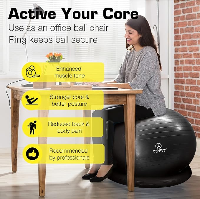 ProBody Pilates Yoga Ball Chair, Exercise Ball Chair with Base or Stand for Home Office Desk Sitting or Workout, 65cm Antiburst Balance & Stability Ball Seat, Large Gym Ball for Back, Abs-StrideForce Fitness