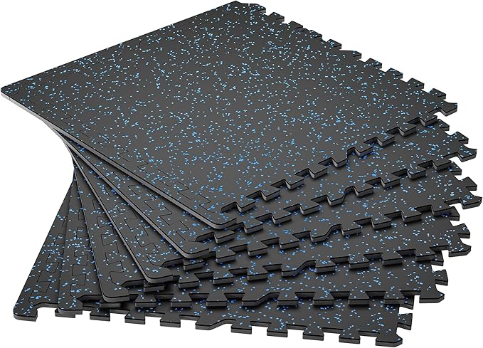 SUPERJARE 0.4'' Thick 6 Pcs 24 Sq Ft Rubber Top Exercise Equipment Mats, High Density EVA Foam Mats with Rubber Top, Interlocking Gym Flooring for Home Gym, Protective Workout Mat, Black/Blue-StrideForce Fitness