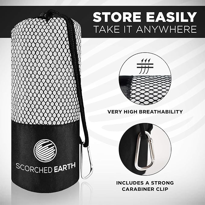 ScorchedEarth Microfiber Travel & Sports Towel Set - Quick Dry, Super Absorbent, Compact, Lightweight - for Camping, Backpacking, Hiking, Beach, Yoga, Swimming - Includes 2 Sizes + Carrying Bag & Clip-StrideForce Fitness