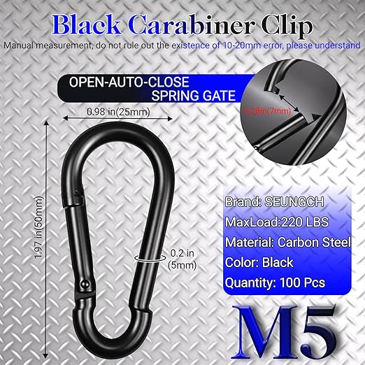 100Pcs 1.97" Spring Snap Hook Carabiners, M5 Galvanized Steel Black Small Carabiner Clip, Keychain Clip, Quick Link Key Chain for Hammock Swing Set Outdoor Travel, Camping, Fishing, Hiking-StrideForce Fitness
