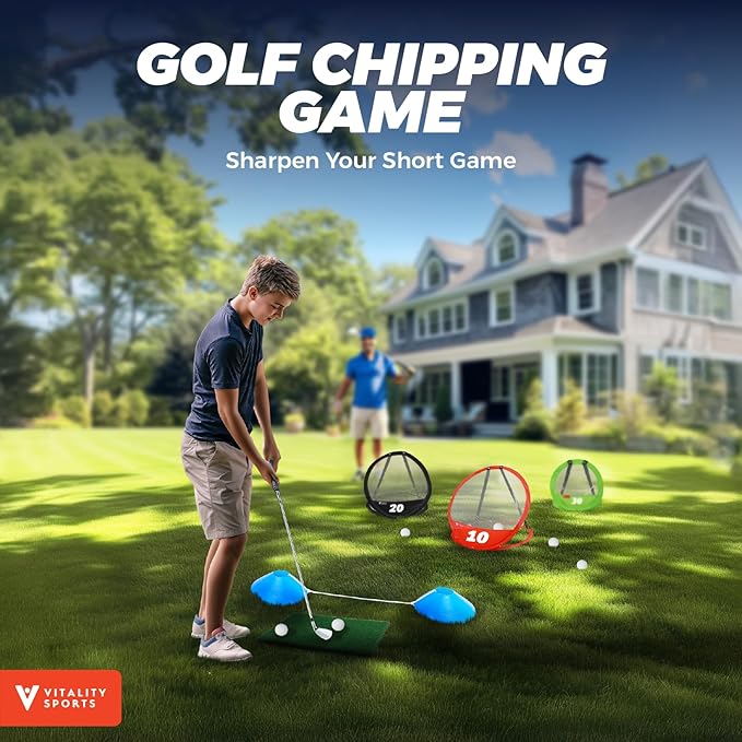 Vitality Sports Golf Chipping Net, 3PCS Pop-Up Golf Practice Net for Backyard, Indoor Outdoor Chipping Game with 3 Targets, 1 Hitting Mat, 20 Balls, Tee Box, Golf Gift for Men-StrideForce Fitness