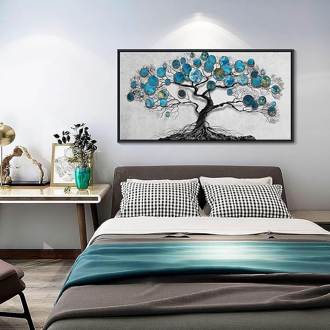 CHATYOUNG Living Room Wall Art - Tenacious Tree of Life Teal Blue Leaves Theme Large Paintings Canvas Framed Wall Picture for Office Bedroom Kitchen Office Home Decor 40"x20"-StrideForce Fitness