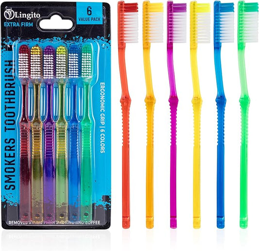 Extra Firm Toothbrush Set for Adults or Smokers Travel Toothbrush Kit, Hard Multicolor Denture Brush, Large Head, Manual Travel Toothbrush Hard Bristles (Transparent - 6 Pack)
