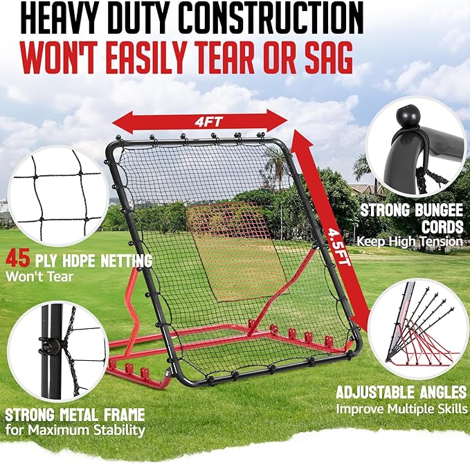 Baseball Rebounder Net, 3/5 Adjustable Angles 4x4.5FT Pitch Back Baseball Softball Volleyball Rebounder with 2 Strike Zones, UV Resistant, Pitchback Trainer for Ground, Line Drive & Fly Balls-StrideForce Fitness