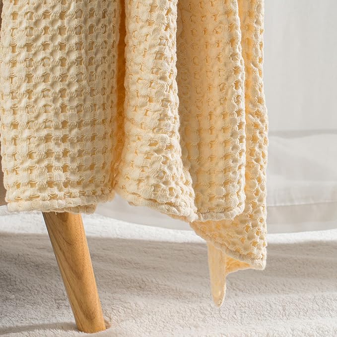 Carriediosa 100% Cotton Waffle Weave Blanket 400GSM Breathable Thermal Blankets for Bed Couch Sofa Soft and Cozy Throws for All Season Home Decor, 50"X 60" Light Yellow-StrideForce Fitness
