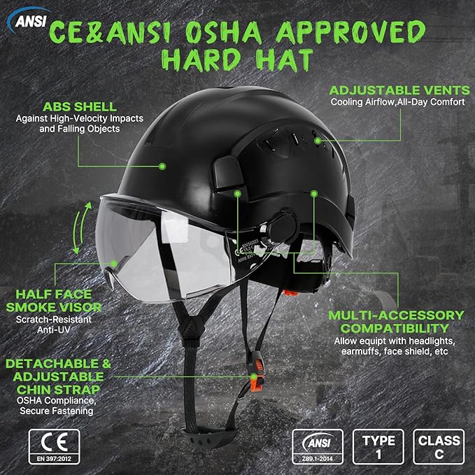 Aolamegs Construction Hard Hats for Adults - Hard Hats Construction OSHA Approved with Smoke Visor for Men Women, ANSI Z89.1 Vented Safety Helmet, Hard Hat with Chin Strap,6 Point Suspension （Black-StrideForce Fitness