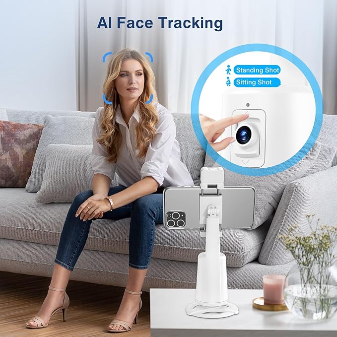 Auto Face Tracking Tripod 360° Rotating Cell Phone Photo and Video Kits Stand, No App, Camera Stand with Remote and Gesture Control, Rechargeable Smart Shooting Stand for Live Recording Tiktok (White)-StrideForce Fitness