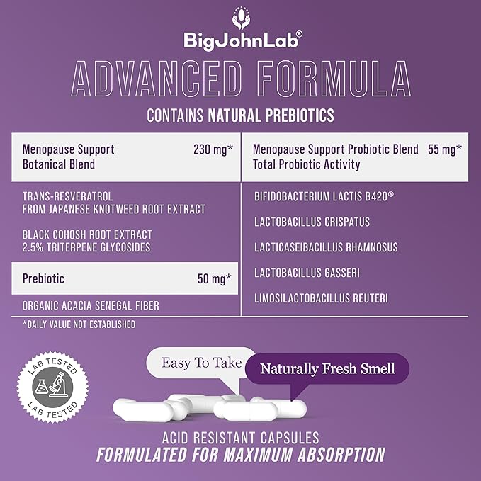 BIGJOHNLAB® - Menopause Total Support – Advanced Probiotic Formula with 5 Strains & 15 Billion CFU, Resveratrol, Black Cohosh, Acacia Fiber, Non-GMO & 100% Vegetarian-StrideForce Fitness