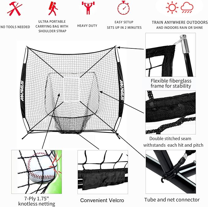 7'X7' Baseball Softball Practice Net,Pitching Net,Batting Net,with Baseball Tee,Bonus Strike Zone and Bow Frame,for Hitting,Pitching, Catching-StrideForce Fitness