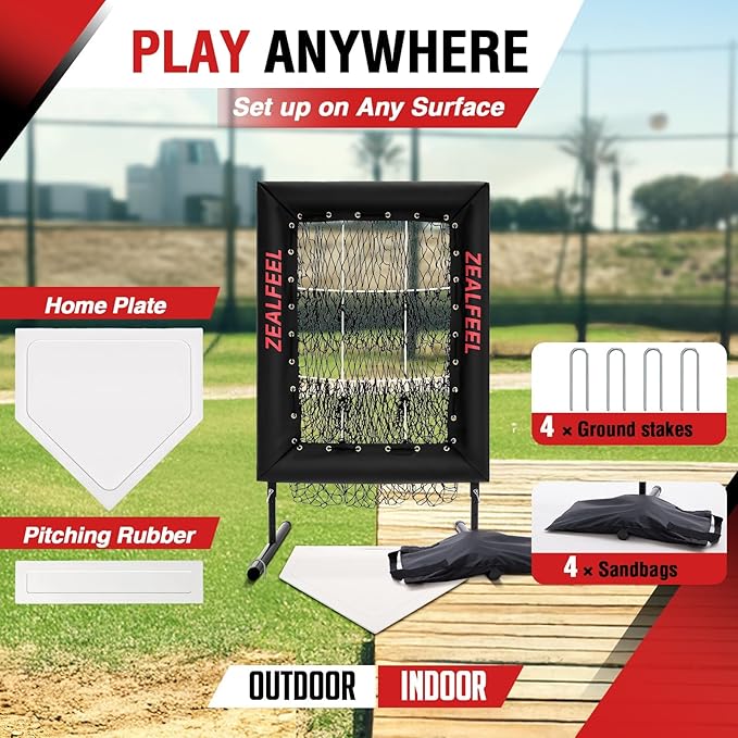 Baseball Pitching Net Pro, 9 Hole Pitching Net with Strike Zone Target, 5 Height Adjustable, Portable Easy Setup Trainer Net for Baseball & Softball with Ball, Home Plate & Pitching Rubber-StrideForce Fitness