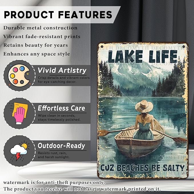 Vintage Lakehouse Tin Sign Lake Life Cuz Beaches Be Salty Retro Wall Decor Nostalgic Art Funny Metal Poster Indoor Store Cafe Toilet Kitchen Garden Plaque Bar Pubs Man cave 12 * 8inch-StrideForce Fitness