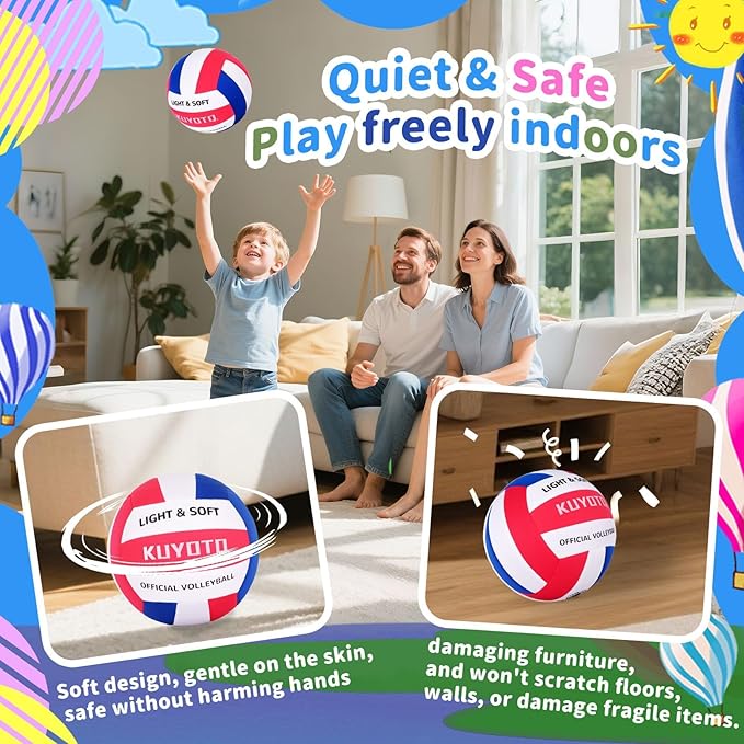 KUYUTQ Soft Light Quiet Indoor Volleyball for Kids Youth Beginners, Perfect for House Yard Training Practice Games(Deflated)-StrideForce Fitness