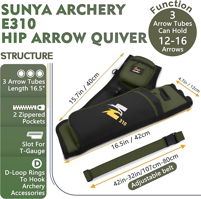 SUNYA Archery Hip Quiver for Arrows. Includes 3 Tubes Arrow Holder, Accessories Pockets and Waist Belt. Fit for Compound and Recurve Bow Practice.-StrideForce Fitness